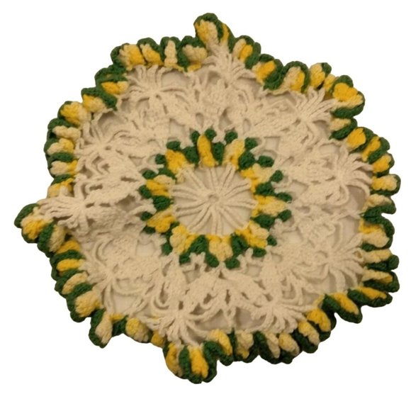Hand Crocheted Doily Round White Green Yellow Grannycore Vintage 9 inch - Picture 1 of 5